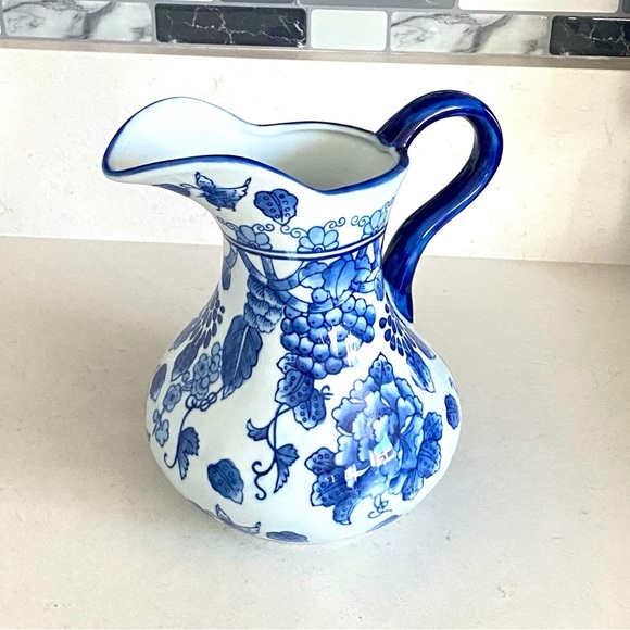 Asian Blue and White Floral Porcelain Pitcher - Picture 3 of 8